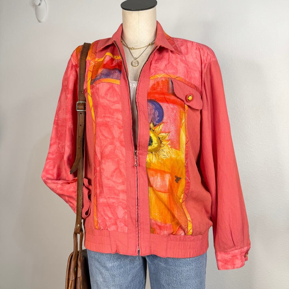 Vintage Colorful Windbreaker Jacket Abstract Sunflower 90s Art Jacket Retro Zip